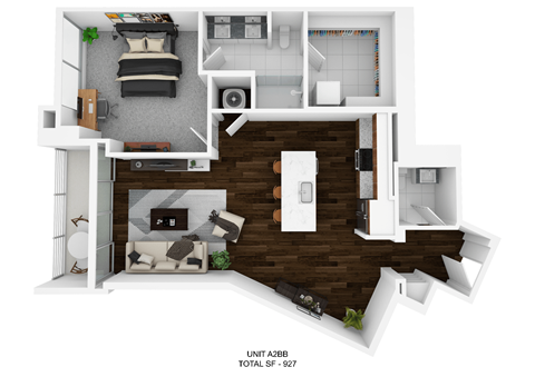 Floor plan for 1 bed, 1.5 baths, 927 sqft